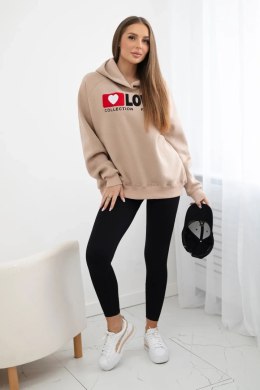 Bluza bawełniana ocieplana z kapturem Love ciemno beżowa  