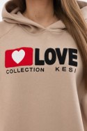Bluza bawełniana ocieplana z kapturem Love ciemno beżowa  