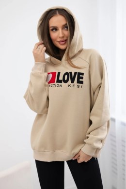Bluza bawełniana ocieplana z kapturem Love jasno beżowa  