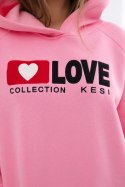 Bluza bawełniana ocieplana z kapturem Love jasno różowa  