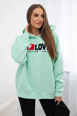 Bluza bawełniana ocieplana z kapturem Love miętowa  