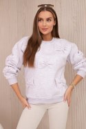 Bluza ocieplana ze ściągaczem i ozdobnymi kokardami beżowy melanż  
