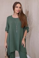 Komplet bluzka + spodnie z wisiorkiem ciemny khaki  