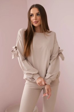 Komplet bluzy z kokardą na rękawach i legginsów beżowy  