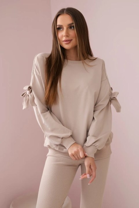 Komplet bluzy z kokardą na rękawach i legginsów beżowy  