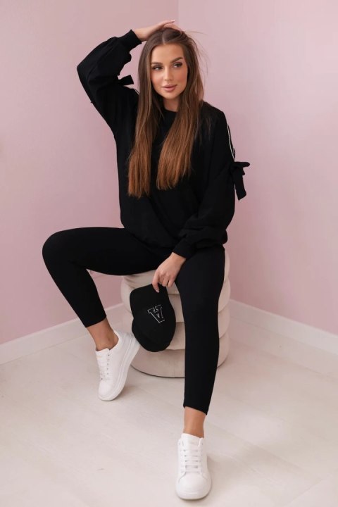 Komplet bluzy z kokardą na rękawach i legginsów czarny  