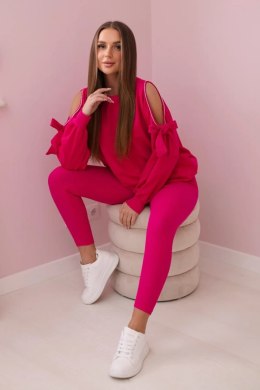 Komplet bluzy z kokardą na rękawach i legginsów fuksja  