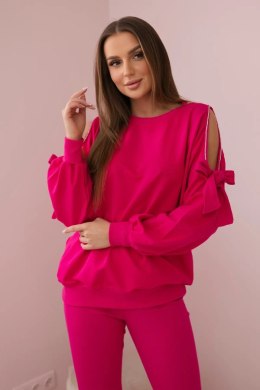 Komplet bluzy z kokardą na rękawach i legginsów fuksja  