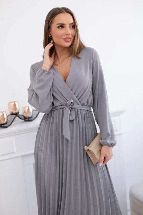 Sukienka wiązana z plisowanym dołem szara  