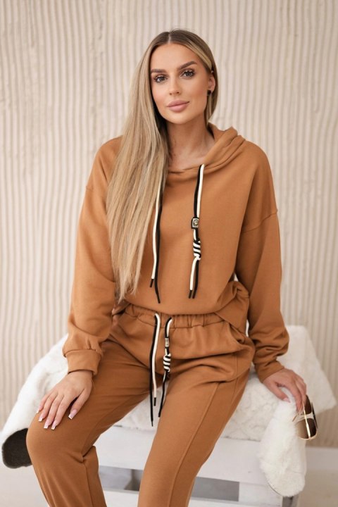 Komplet bawełniany bluza z kapturem + spodnie camelowy  