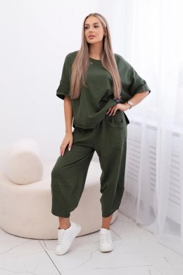 Komplet bawełniany bluzka + spodnie jasne khaki  