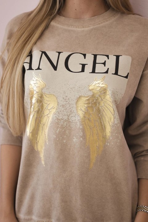 Komplet bawełniany dekatyzowany Angel bluza + spodnie camelowy  