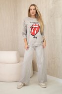 Komplet bawełniany dekatyzowany z nadrukiem bluza + spodnie beżowy  