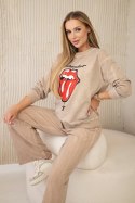 Komplet bawełniany dekatyzowany z nadrukiem bluza + spodnie camelowy  