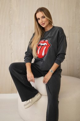 Komplet bawełniany dekatyzowany z nadrukiem bluza + spodnie grafitowy  