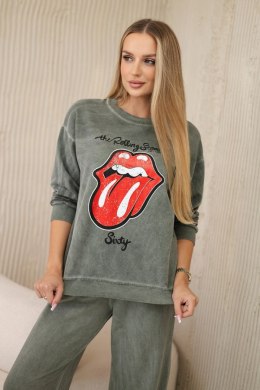 Komplet bawełniany dekatyzowany z nadrukiem bluza + spodnie khaki  