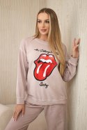 Komplet bawełniany dekatyzowany z nadrukiem bluza + spodnie pudrowy róż  
