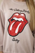 Komplet bawełniany dekatyzowany z nadrukiem bluza + spodnie pudrowy róż  