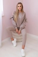 Komplet bluzy z kokardą na rękawach i legginsów ciemny beżowy  