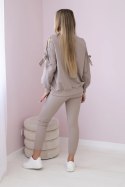 Komplet bluzy z kokardą na rękawach i legginsów ciemny beżowy  