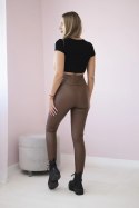 Spodnie legginsy ocieplane z eco skóry brązowe  