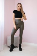Spodnie legginsy ocieplane z eco skóry khaki  