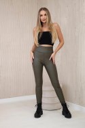 Spodnie legginsy ocieplane z eco skóry z literą V khaki  