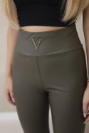 Spodnie legginsy ocieplane z eco skóry z literą V khaki  