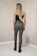 Spodnie legginsy ocieplane z eco skóry z literą V khaki  