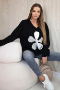 Bluza masełko z ozdobnym kwiatem czarna  
