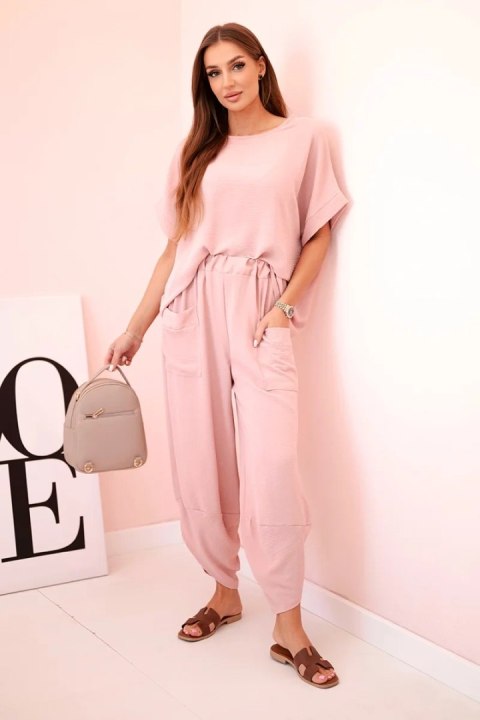 Komplet z wiskozy bluzka + spodnie ciemny pudrowy róż  