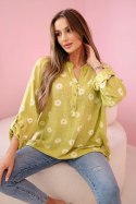 Lniana damska bluzka w kwiaty z długim rękawem i guzikami kiwi  