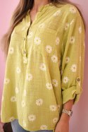 Lniana damska bluzka w kwiaty z długim rękawem i guzikami kiwi  