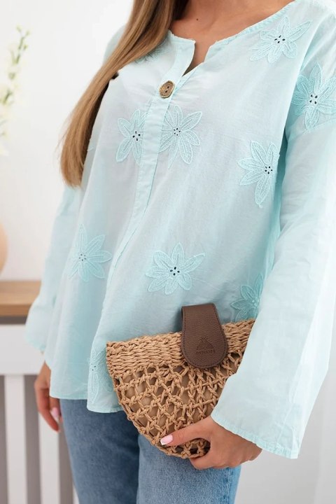 Bluzka koszulowa z haftowanym wzorem jasno miętowa  