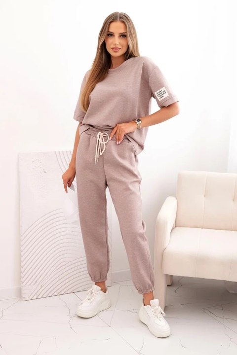 Komplet damski z wiskozy masełko z krótkim rękawem i spodniami beżowy melanż  