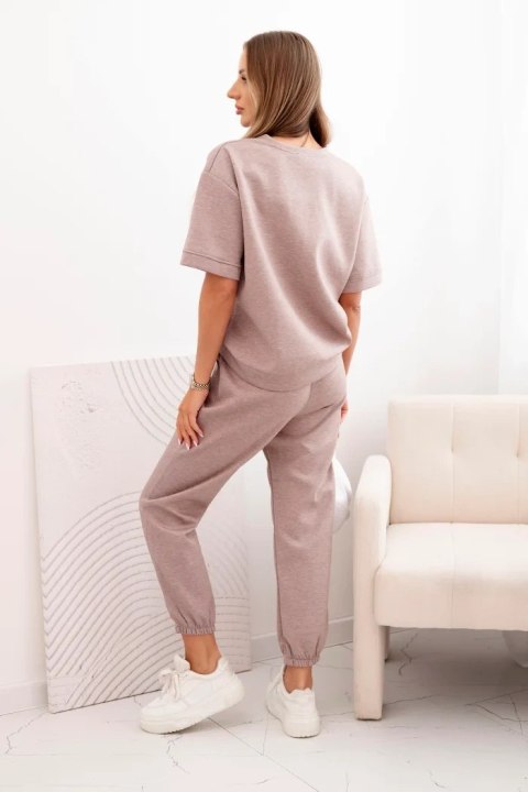 Komplet damski z wiskozy masełko z krótkim rękawem i spodniami beżowy melanż  