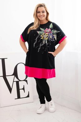 Bluzka damska Plus Size z kwiatowym wzorem i ozdobnymi perełkami fuksja  