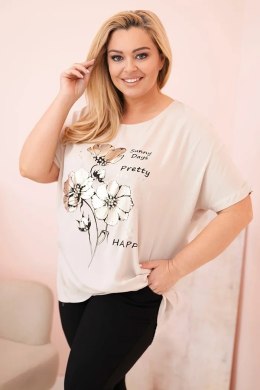 Bluzka damska Plus Size z wiskozy z kwiatowym nadrukiem i napisem beżowa  