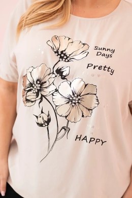 Bluzka damska Plus Size z wiskozy z kwiatowym nadrukiem i napisem beżowa  