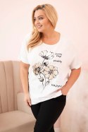 Bluzka damska Plus Size z wiskozy z kwiatowym nadrukiem i napisem ecru  