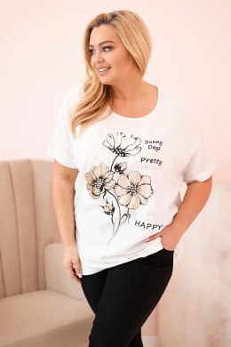 Bluzka damska Plus Size z wiskozy z kwiatowym nadrukiem i napisem ecru  