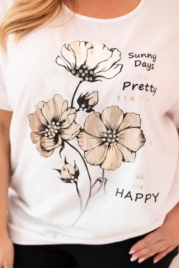 Bluzka damska Plus Size z wiskozy z kwiatowym nadrukiem i napisem ecru  