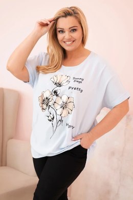 Bluzka damska Plus Size z wiskozy z kwiatowym nadrukiem i napisem niebieska  
