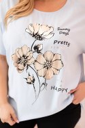 Bluzka damska Plus Size z wiskozy z kwiatowym nadrukiem i napisem niebieska  