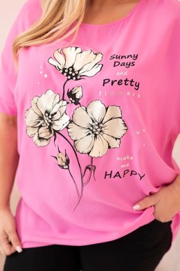 Bluzka damska Plus Size z wiskozy z kwiatowym nadrukiem i napisem różowa  