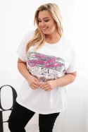 Bluzka damska bawełniana Plus Size z cekinowym napisem biały + szary  
