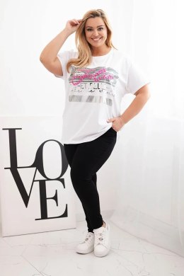 Bluzka damska bawełniana Plus Size z cekinowym napisem biały + szary  