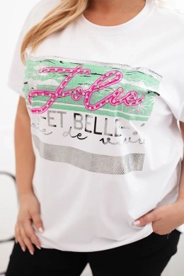Bluzka damska bawełniana Plus Size z cekinowym napisem biały + zielony  