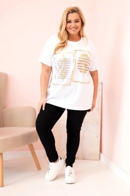 Bluzka damska bawełniana Plus Size z dżetami biały + camelowy  