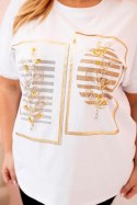 Bluzka damska bawełniana Plus Size z dżetami biały + camelowy  